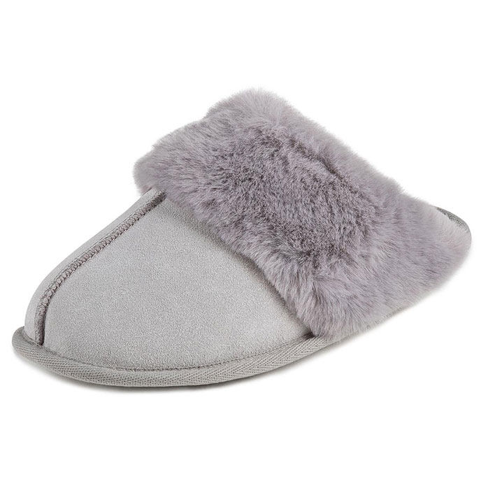 Isotoner Ladies Real Suede Mule with Fur Cuff Grey Extra Image 2
